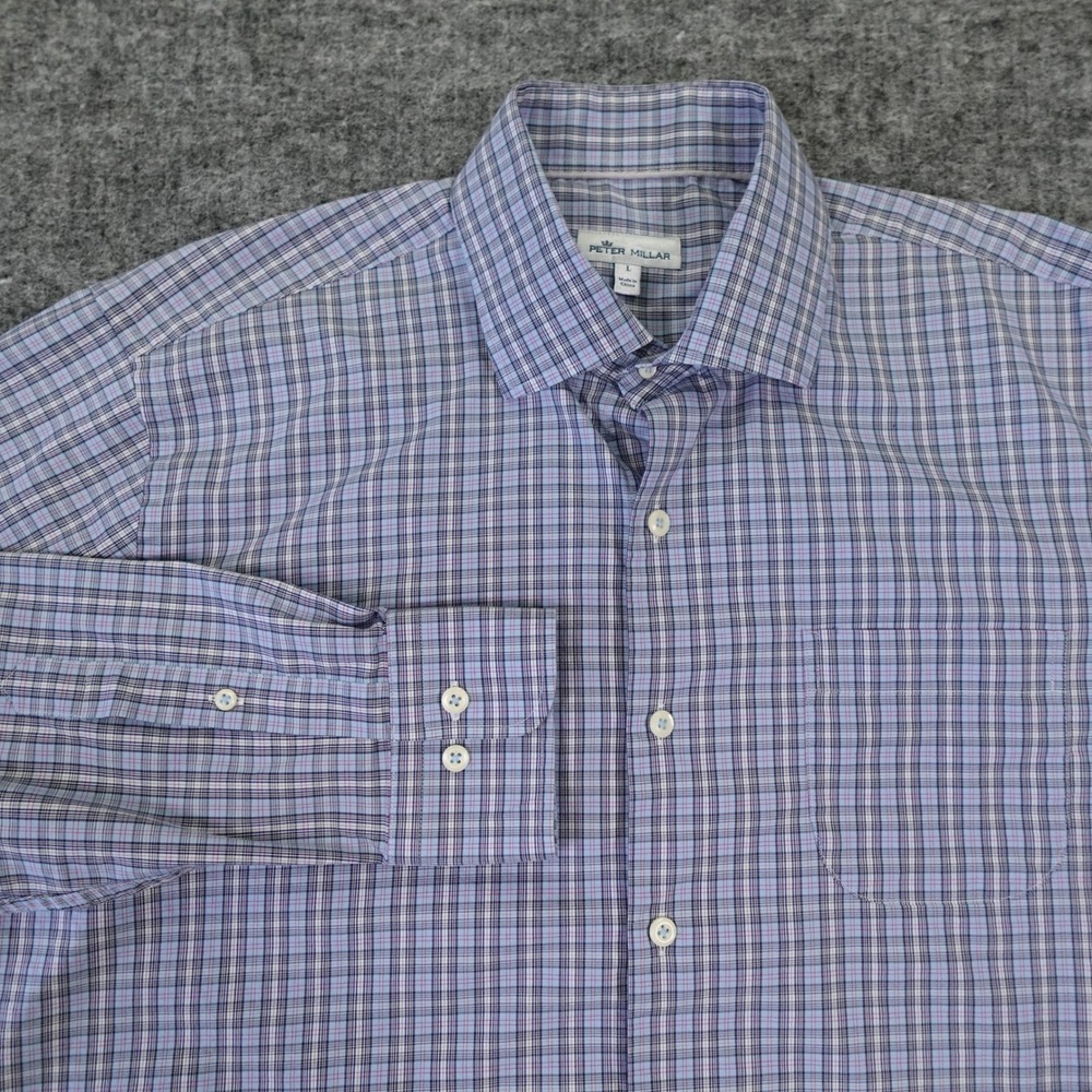 Peter Millar Shirt Mens Large Blue Plaid Long Sleeve Button Down Spandex Blend